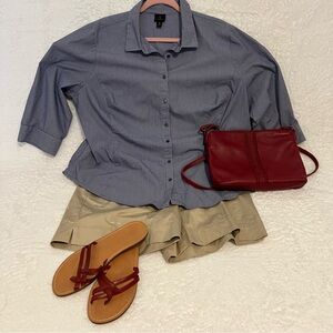 WORTHINGTON WOMEN Long Sleeve Blue Cotton‎ Blend Button Front Blouse 2X